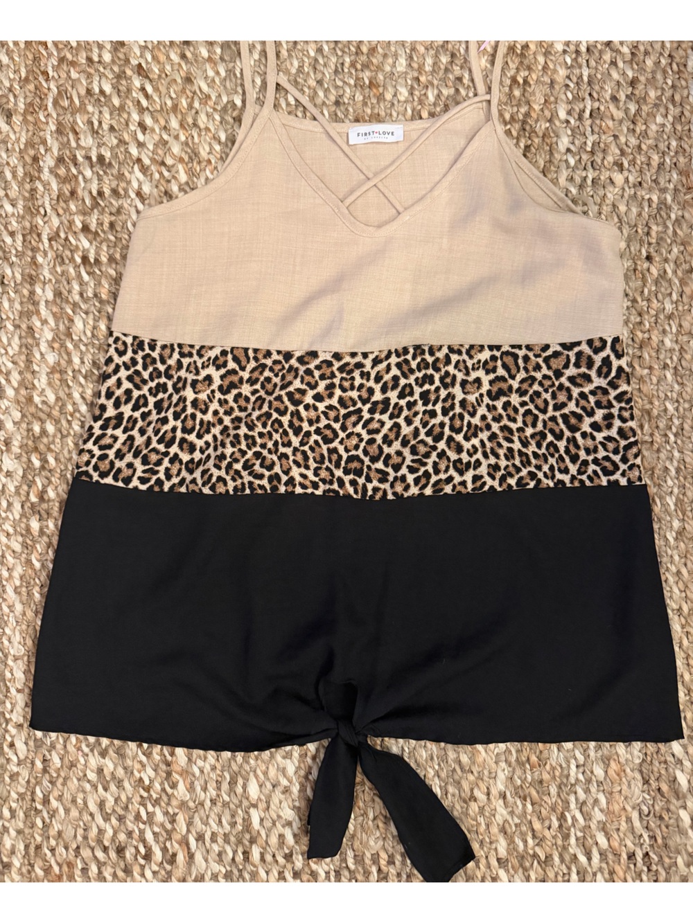 First Love Beige Leopard & Black Tie-Front Tank